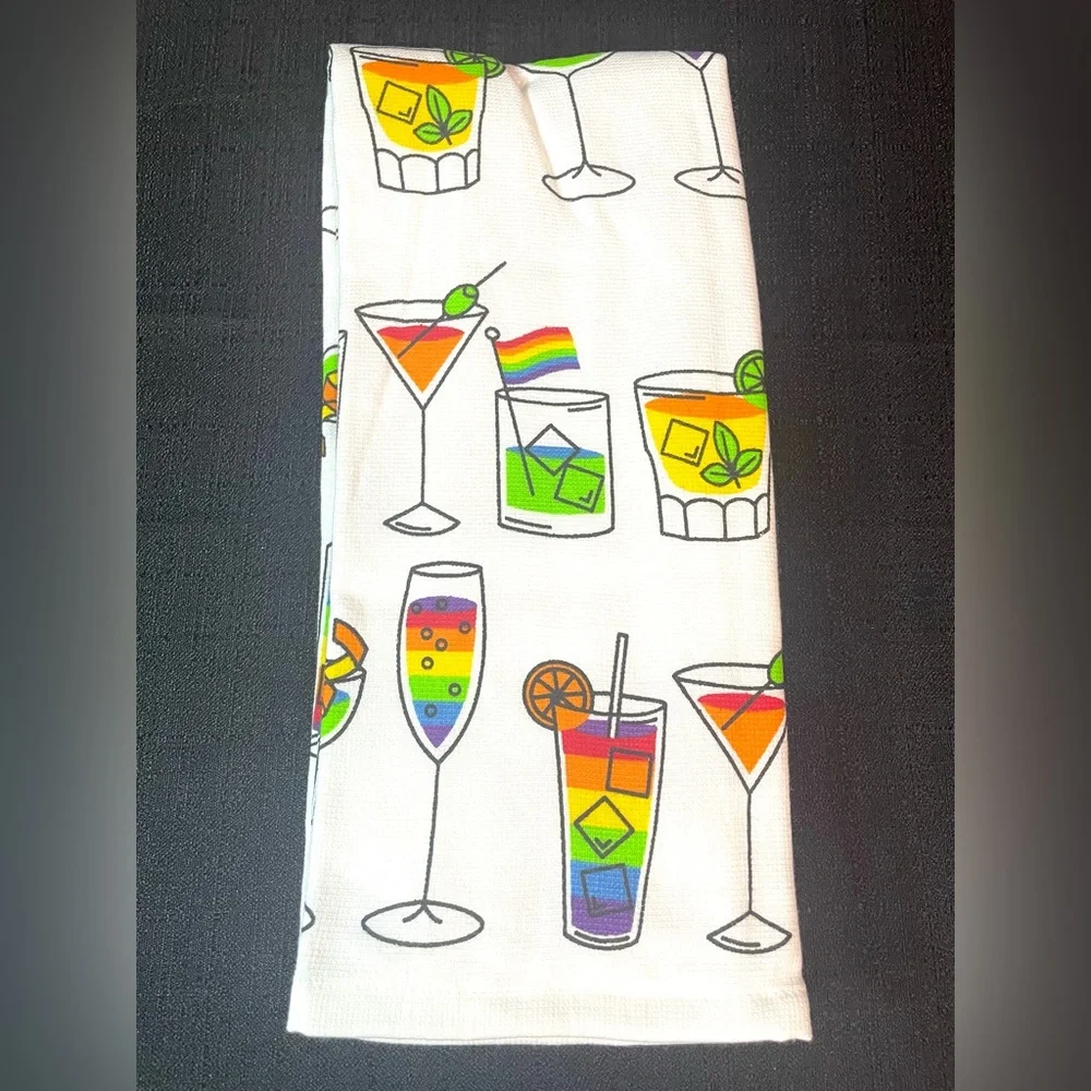 Cocktails Kitchen Towel Set 3-pc White w/ Rainbow PRIDE Martinis Wine++ NEW NWT